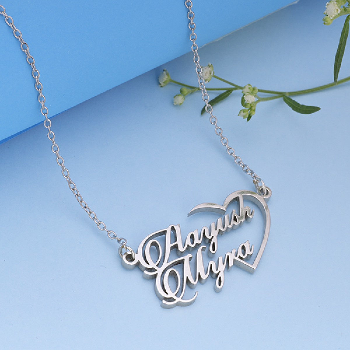 Silver Plated Half Heart Couple Name Necklace