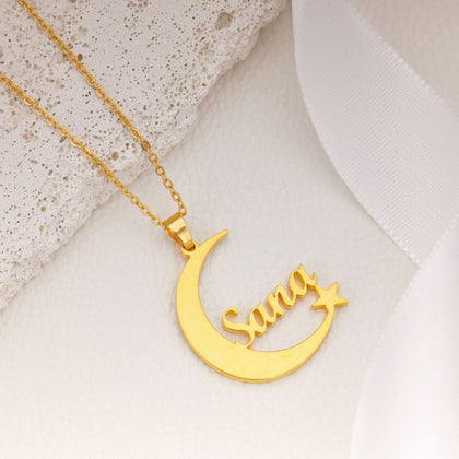 18K Gold Plated Moon Star Design Name Necklace