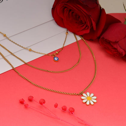 Floral Evil Eye Triple Layered Necklace