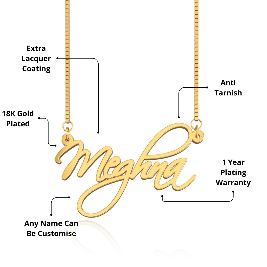 18K Gold Plated Cursive Curved Name Necklace